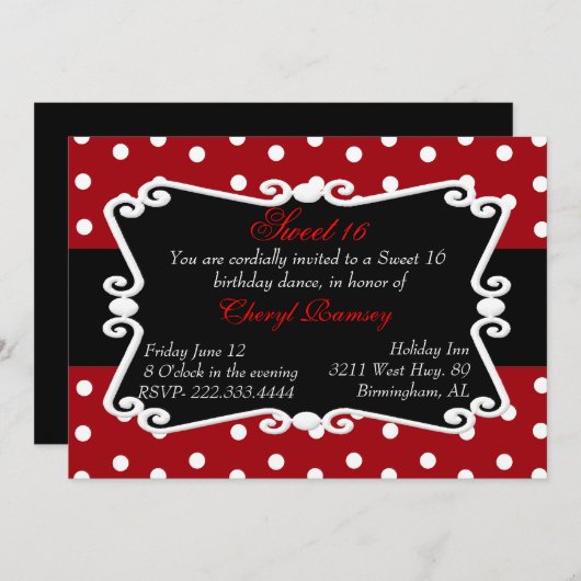 赤く、黒く、及び白い点の菓子16のパーティの招待状 招待状 (正面/裏面)