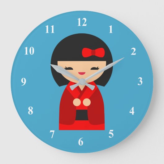 赤こけし日本の人形 ラージ壁時計 (正面)