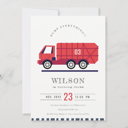 赤ごみトラックの子供たち任意の年齢誕生日招待状 サンキューカード (正面)