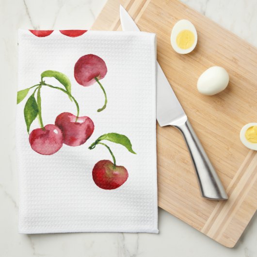 赤さくらんぼさくらんぼの水色 キッチンタオル (四つ折り)