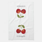 赤さくらんぼの実パーソナライズされた名 キッチンタオル (縦)