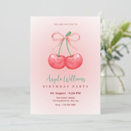 赤さくらんぼの弓の誕生日 招待状 (スタンド正面)