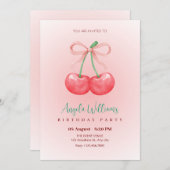 赤さくらんぼの弓の誕生日 招待状 (正面/裏面)