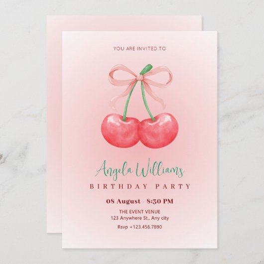 赤さくらんぼの弓の誕生日 招待状 (正面/裏面)