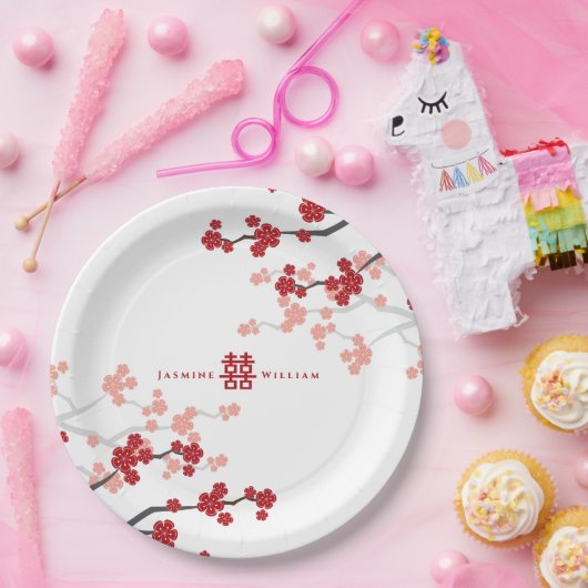 赤さくらんぼの花と習氏中国のの結婚二倍 ペーパープレート (パーティー)