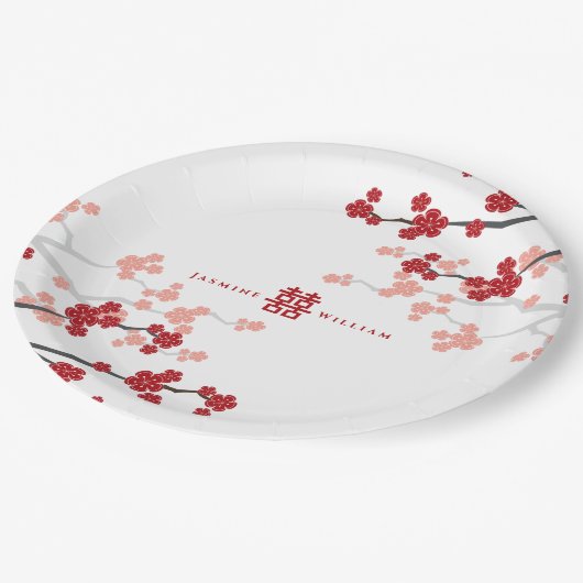赤さくらんぼの花と習氏中国のの結婚二倍 ペーパープレート (アングル)