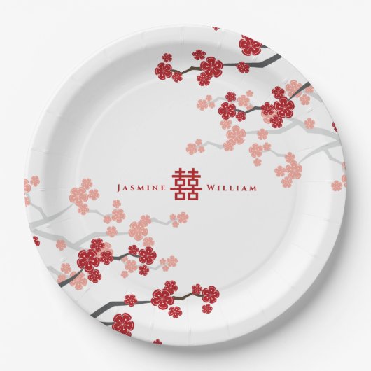 赤さくらんぼの花と習氏中国のの結婚二倍 ペーパープレート (正面)