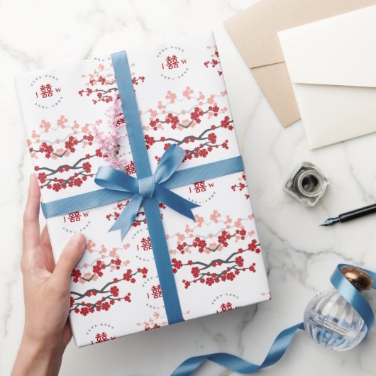 赤さくらんぼの花と習氏中国のの結婚二倍 ラッピングペーパー