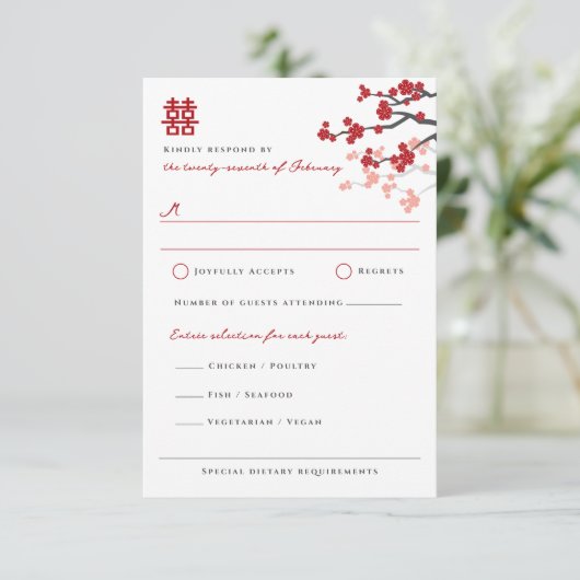 赤さくらんぼの花と習氏中国のの結婚二倍 出欠カード (スタンド正面)