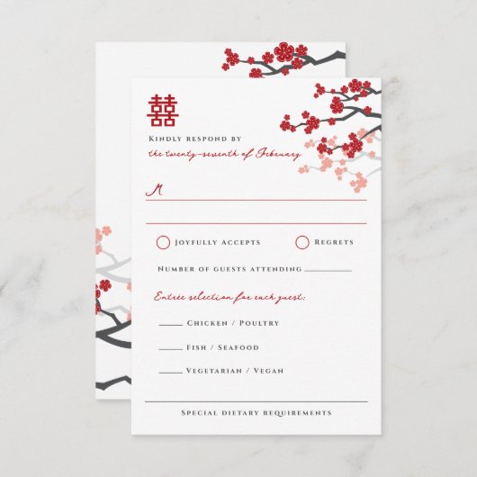 赤さくらんぼの花と習氏中国のの結婚二倍 出欠カード (正面/裏面)