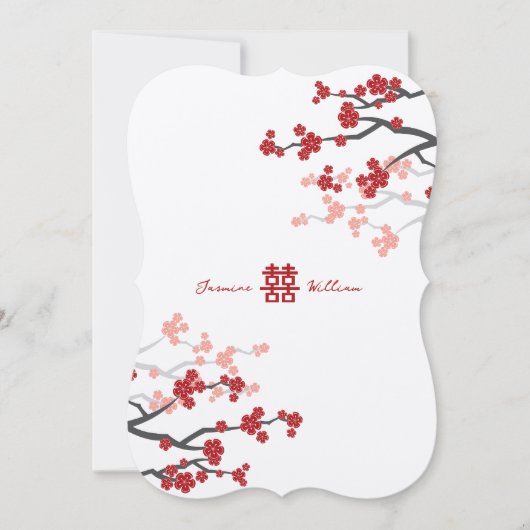 赤さくらんぼの花と習氏中国のの結婚二倍 招待状 (正面)
