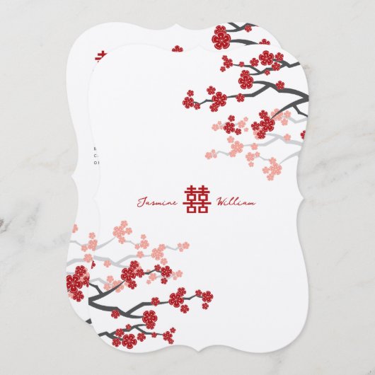 赤さくらんぼの花と習氏中国のの結婚二倍 招待状 (正面/裏面)