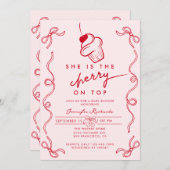 赤さくらんぼカップケーキピンクガールベビーシャワー 招待状 (正面/裏面)