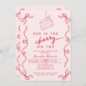 赤さくらんぼケーキピンクガールベビーシャワー 招待状 (正面/裏面)