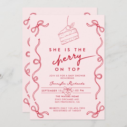 赤さくらんぼケーキピンクガールベビーシャワー 招待状 (正面/裏面)
