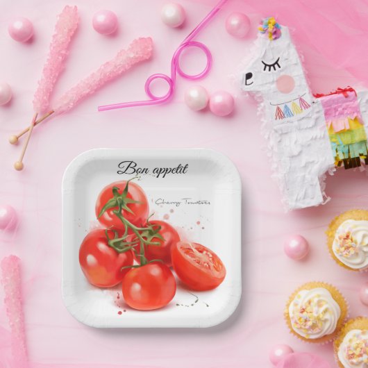 赤さくらんぼトマトとスプレー絵画ウォーター ペーパープレート (パーティー)