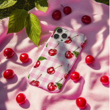 赤さくらんぼピンクジンガム格子模様の電話ケース