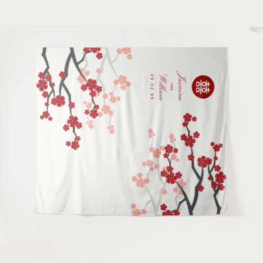 赤さくらんぼ中国のの結婚写真背景 タペストリー (正面(横))