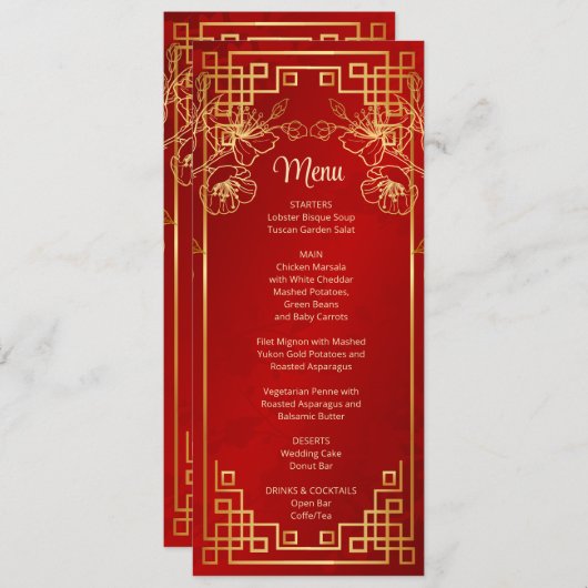 赤さくらんぼ中国の花結婚のメニューカード 招待状 (正面/裏面)