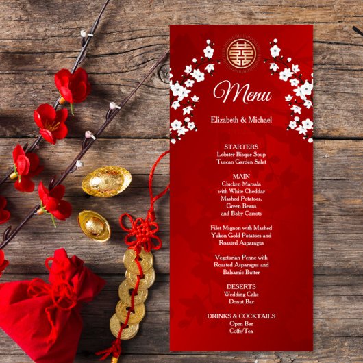 赤さくらんぼ中国の花結婚のメニューカード 招待状