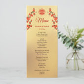 赤さくらんぼ花中国の金ゴールド結婚のメニュー 招待状 (スタンド正面)