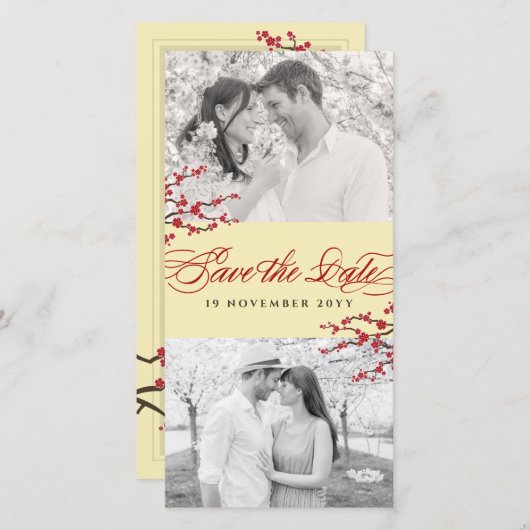 赤さくらんぼ花咲きアジア禅桜花写真 セーブザデート (正面/裏面)