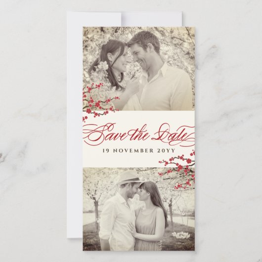 赤さくらんぼ花咲きアジア禅桜花写真 セーブザデート (正面)