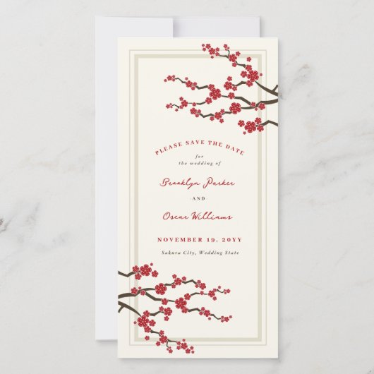 赤さくらんぼ花咲きアジア禅桜花写真 セーブザデート (裏面)