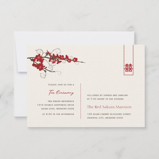 赤さくらんぼ花咲きシックなアジアの結婚披露宴 招待状 (正面)