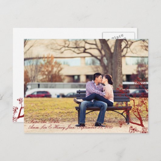 赤さくらんぼ花東洋の結婚式の日付を保存 案内ポストカード (正面/裏面)