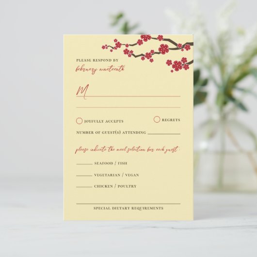 赤さくらんぼ花桜花アジア結婚の 出欠カード (スタンド正面)