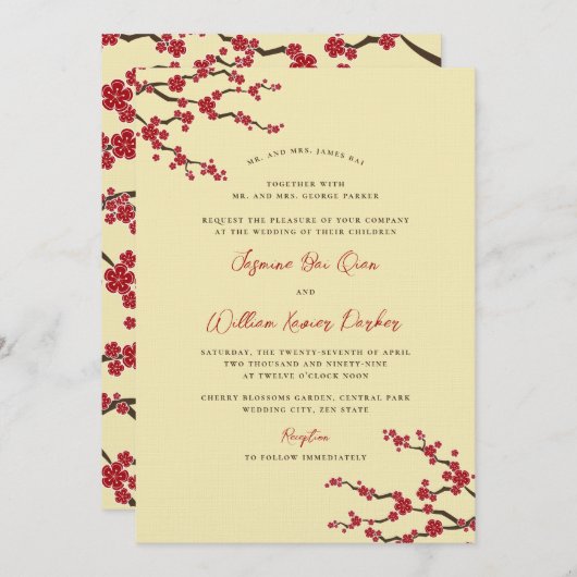 赤さくらんぼ花桜花アジア結婚の 招待状 (正面/裏面)
