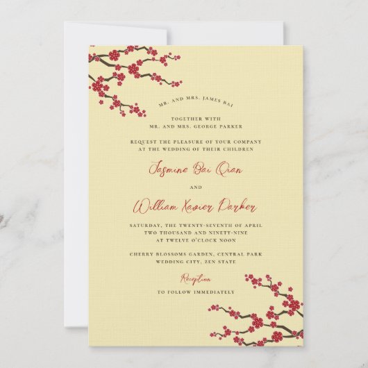 赤さくらんぼ花桜花アジア結婚の 招待状 (正面)