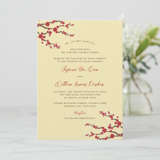 赤さくらんぼ花桜花アジア結婚の 招待状 (スタンド正面)