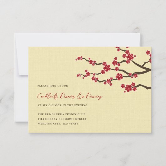 赤さくらんぼ花桜花アジア結婚の 招待状 (正面)