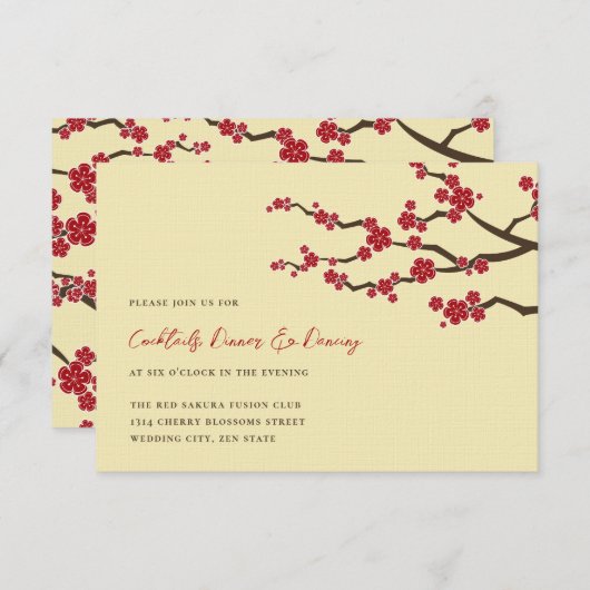 赤さくらんぼ花桜花アジア結婚の 招待状 (正面/裏面)