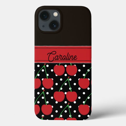 赤さくらんぼ黒水玉模様ヴィンテージ パーソナライズされた Case-Mate iPhoneケース (裏面)