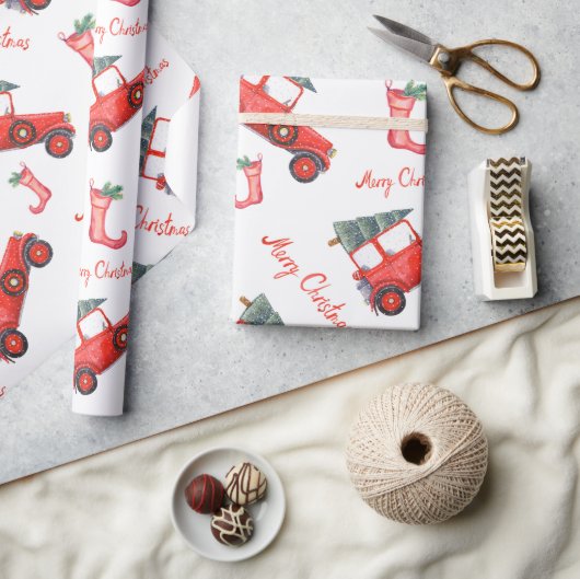 赤すてきヴィンテージ車クラシッククリスマスツリー文字 ラッピングペーパー (クラフト)