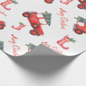 赤すてきヴィンテージ車クラシッククリスマスツリー文字 ラッピングペーパー (角)