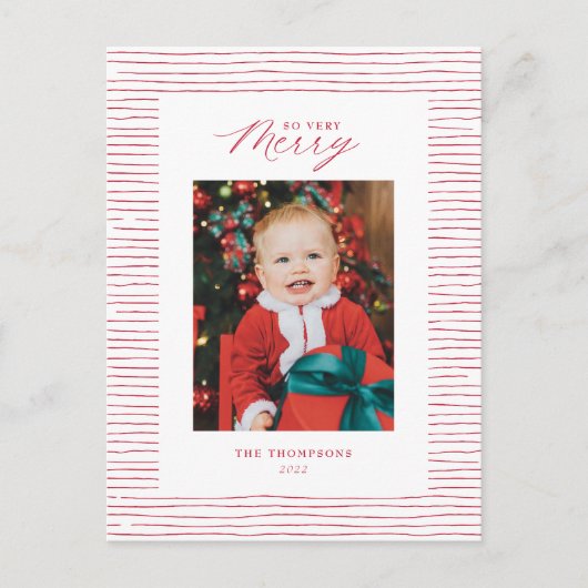 赤そうストライプの非常に写真のメリークリスマス葉書 ポストカード (正面)
