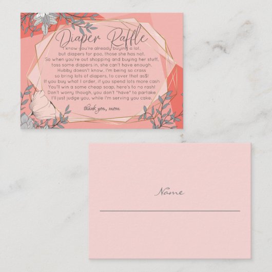 赤ちゃんおもしろいシャワーおむつラッフル |トレンディーサンゴ エンクロージャーカード (正面/裏面)