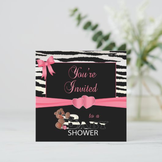 赤ちゃんかわいらしのシャワーのためのピンクとゼブラのストライプ 招待状 (スタンド正面)