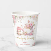 赤ちゃんがお茶を淹れている ベイビーシャワーピンクの花 紙コップ (正面)