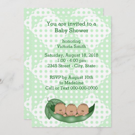 赤ちゃんがさやに三つ子をシャワー 招待状 (正面/裏面)