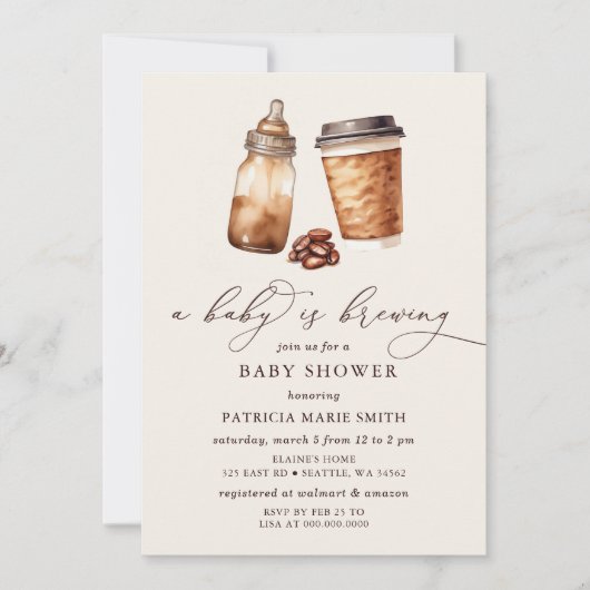 赤ちゃんがコーヒーをブレンド中 男女どちらでもOKなベビーシャワー 招待状 (正面)