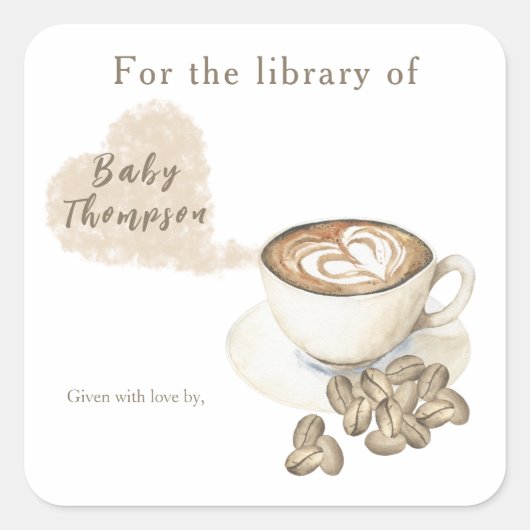 赤ちゃんがコーヒーを淹れている - の図書館向けデザイン スクエアシール (正面)