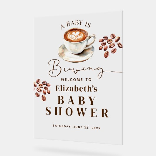 赤ちゃんがコーヒーを淹れている テーマのベビーシャワーへ ようこそ アクリルサイン (傾斜)