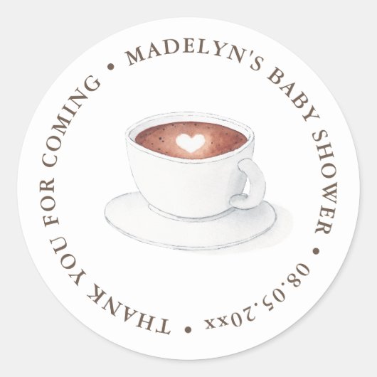 赤ちゃんがコーヒーを淹れている テーマ シャワーフェイバー ラウンドシール (正面)