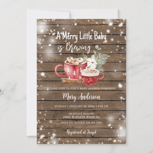 赤ちゃんがホットチョコレートをブレンドする ウッドベイビーシャワー 招待状 (正面)