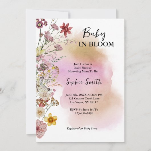 赤ちゃんが咲く ワイルドフラワー 水彩画 招待状 (正面)